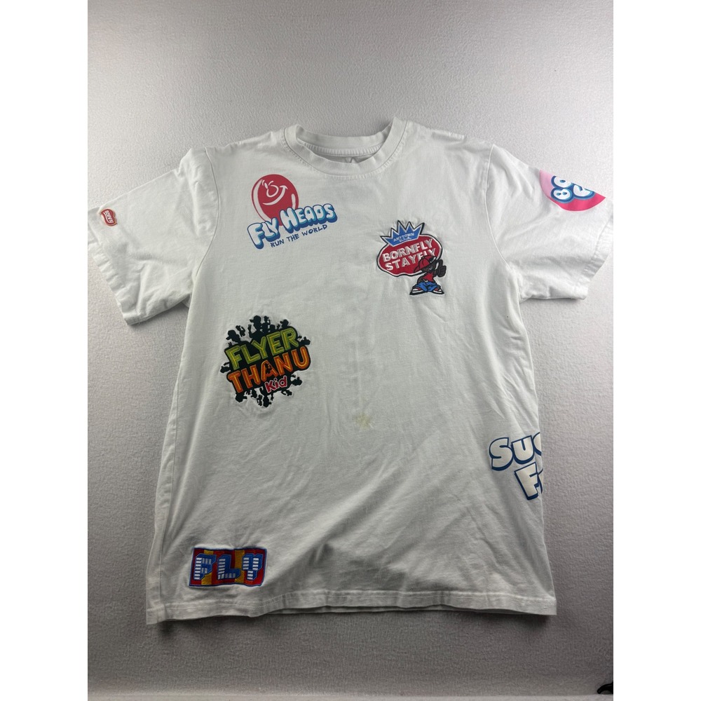 Born Fly Stay Fly Mens White Multi Logo Graphic Patchwork T-Shirt XL Streetwear